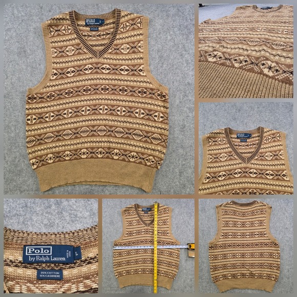 Polo by Ralph Lauren Other - Polo Ralph Lauren Sweater Vest Mens Large Brown Cotton Cashmere Fair Isle V Neck